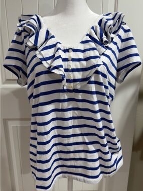 Lauren Ralph Lauren White Blue Striped Ruffle Neck Cotton Knit Top Women’s Sz XL